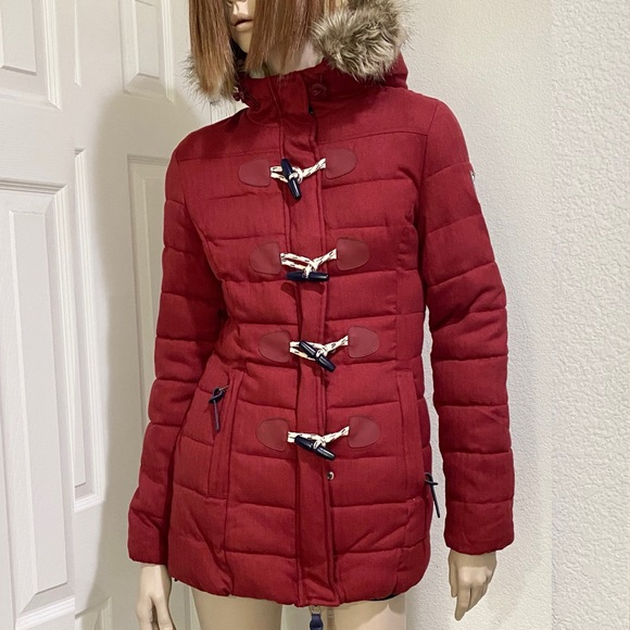 SUPERDRY Tall Marl Toggle Puffle Jacket Burgundy Puffer Hooded Coat Size 2 US - Picture 2 of 16